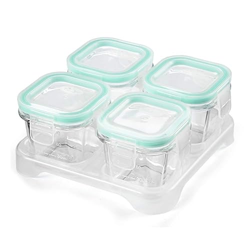 Paquete de 4 recipientes de vidrio para alimentos para bebés con tapas herméticas y bandeja apilable (verde menta, 3 onzas cada uno), recipientes de