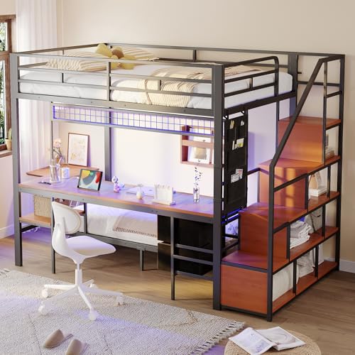 Arhatreya Cama alta 90/140 x 200 cm, cama de metal con escritorio, litera con LED, marco de cama con somier, cama con cajones de tela para dormitorio (sin colchón), color negro
