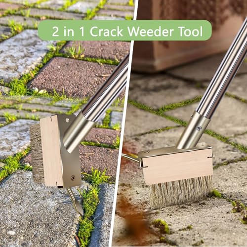 mcwdoit Crack Weeder Tool, Crevice Weeding Moss Brush with 2 Heads&Scraping Hook, A Hand Puller Tool, Moss Remover with Steel Handle for Cleaning Paving Joint Paver Sidewalk Patio Stone Driveway Deck - Thumbnail 2