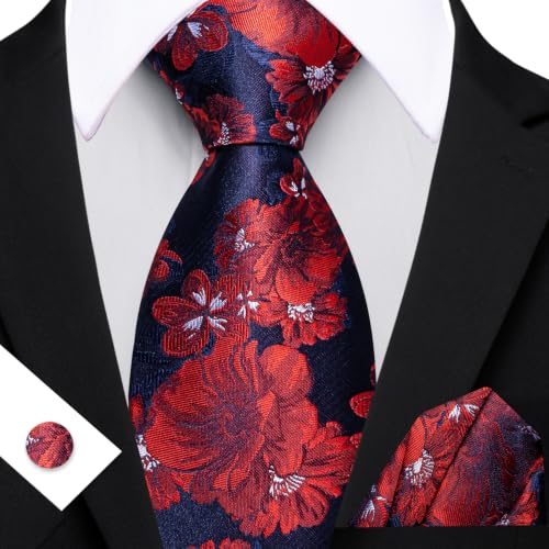 Image of Barry.Wang Flower Ties for Men Silk Woven Floral Tie Sets Necktie Handkerchief Cufflinks Wedding Party