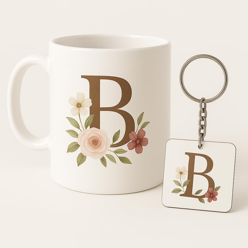 Choicecases Letter B Mug and Keychain Set – Elegant Floral Monogram Gift for Her/Him – Coffee Cup and Key Ring with Initial B – Coffee Mug for Everyone Any Occasion_4646_2