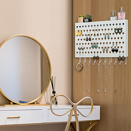Jackcubedesign Wall Mounted Jewelry Organizer, Earring Necklace Bracelet Holder Display Hanger With 109 Holes & 19 Hooks (White,16.5 X 2.4 X 13.2 Inches) - Mk329B #TOP2