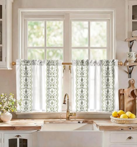 Image of Miss Adola Boho Kitchen Curtains - 24 Inch Length Linen Blend Green Floral Cafe Curtains Farmhouse Tier Curtain Short Drapes Rod Pocket for Bathroom Living Room Windows Light Filtering, 2 Panels