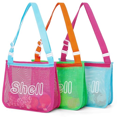 3Pcs Kids Beach Toy Mesh Bags, Printed Seashell Bags for Shell Collecting, Lightweight & Foldable with Adjustable Straps, Portable for Pool and Beach Essentials
