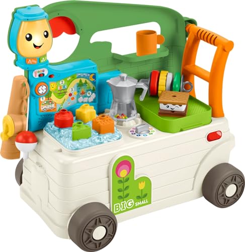 Fisher-Price Baby to Toddler Toy Laugh & Learn 3-in-1 On-the-Go Camper Walker & Activity Center with Smart Stages for Ages 9+ Months Tan/Green