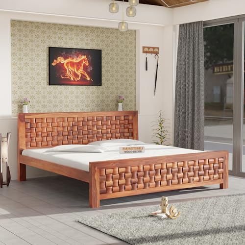 Image of Niwar Sheesham Wood King Size Bed Without Storage (81x74 Inch) | Wooden Double Bed Cot for Bedroom Furniture | Modern Palang Design for Home & Hotels | Honey Finish