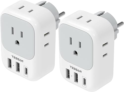 TESSAN - Paquete de 2 adaptadores de enchufe tipo E F USB C, adaptador de corriente TESSAN Alemania Francia con 3 puertos de cargador USB (1 USB C), TESSAN - Paquete de 2 adaptadores de enchufe tipo E F USB C, adaptador de corriente TESSAN Alemania Francia con 3 puertos de cargador USB (1 USB C),