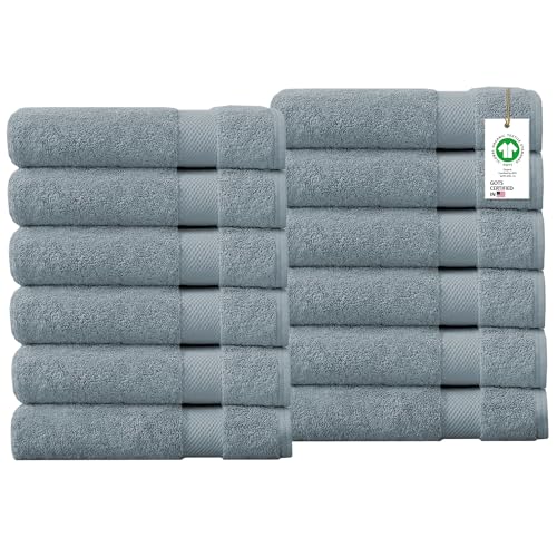 Delara Organic Cotton Towels, 650 GSM Plush Feather Touch Quick Dry Wash Cloths, 12 Pack, GOTS Certified, Light Blue, 13x13 inch by Delara - Used condition - US$25.30