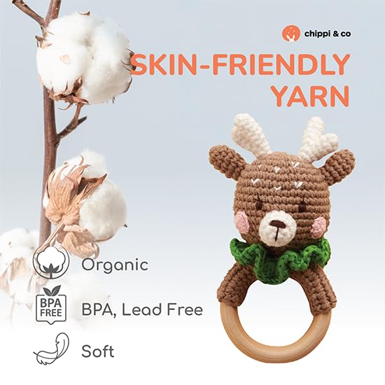 Miniatura 8 de Chippi & Co Anillo de sonajero de madera con mordedor de ganchillo, ciervos marrones, cervatillo de peluche, bebé, recién nacido, niño, niña, 0, 3,