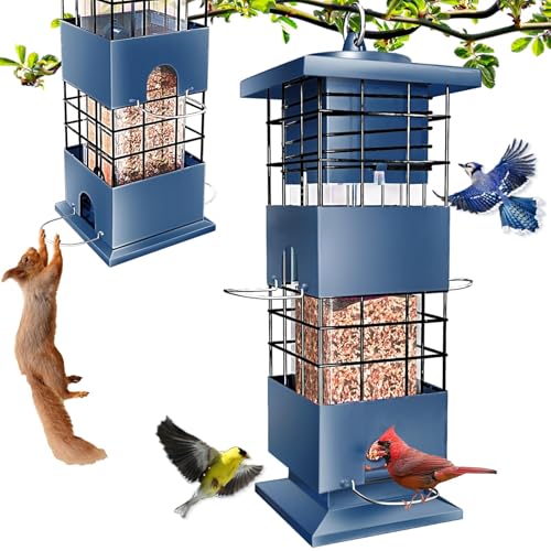 Bird Feeder Squirrel Proof, 3LBS Metal Anti-Squirrel Bird Feeders for Outdoors Hanging,Weight-Activated Perches Wild Birdseed Feeders for Cardinal Blue Jay Outside (Blue)