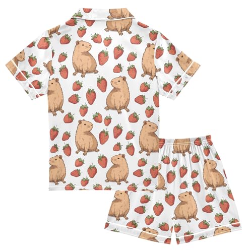 Capybara with Strawberry Prints Summer Satin Pajama Set, Cute Button-Down Sleepwear Pj Set for Sleep Wears2