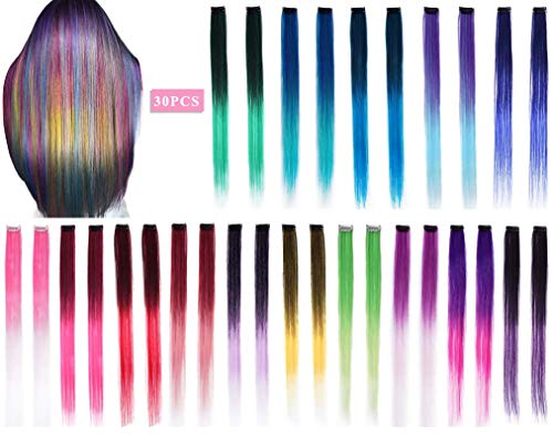 30PCS Ombre Color Clip in Hair Extensions 20 Inch Colorful Synthetic Straight Clip on Hair Extensions Hair for Girls Women Kids Party Long Straight Hairpieces