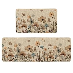 Artoid Mode Brown Poppy Floral Leaves Spring Kitchen Mats Set of 2, Spring Home Decor Low-Profile Kitchen Rugs for Floor – 17×29 and 17×47 Inch