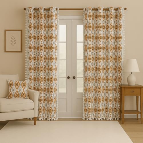 Image of Cortina 100% Cotton, Bohemian Tasseled Boho Print, Room Darkening Curtains for Window (with Back Tabs) - 9 Feet, Brown, 2 Piece (Length 270 cm)
