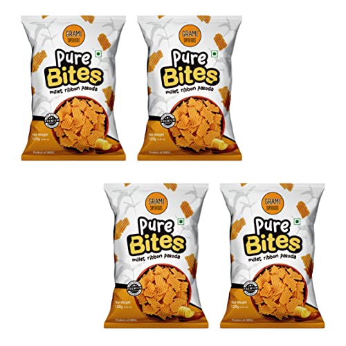 Image of Grami Superfoods Pure Bites Millet Ribbon Pakoda- Pack of 4 (500g) | Healthy Indian Snacks | Millet Snacks | No Maida | No Preservative | High Protein & Fiber Snack | Low GI | Healthy Namkeen for Kids & Adults |Weight Loss Namkeen |Sugar Free | Diabetic Friendly Namkeen
