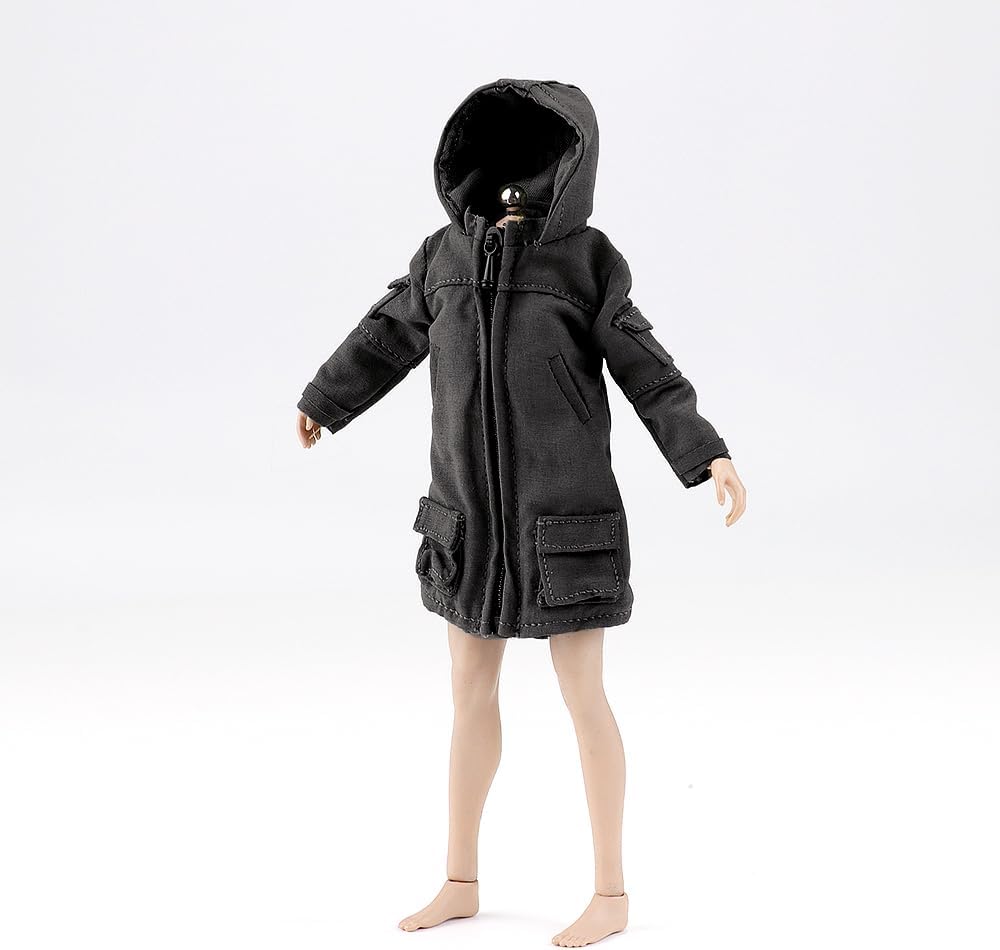 Patinco 1/12 Scale Vintage-Washed Hooded Mid-Length Windbreaker,Miniature Hooded Windbreaker for 6 inch Action Figure Colthes, Doll Model Dress up Accessory,Black(No Figrue)