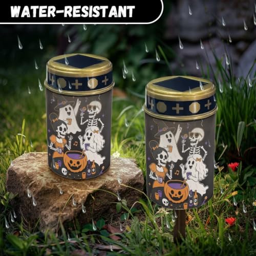 Image of Poceacles Solar Powered Outdoor Lights Cemetery Solar Memorial Lights Outdoor Waterproof Landscape Candles for Yard Patio Lawn Home Halloween Decor, Ghost Pumpkin Skull Musical Note, Pack of 2