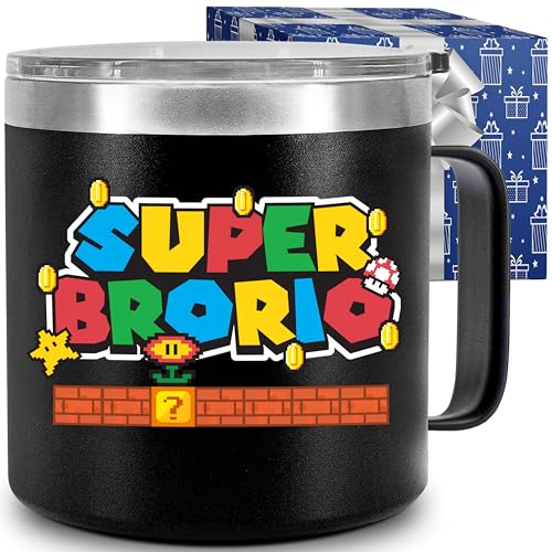 CHUSUKASU Gifts for Brother from Sister, Funny Birthday Present & Cool Ideas for Adult Older Bros, Super Brorio Mug Tumbler 14Oz - Insulated Coffee Cup with Lid and Gift Box