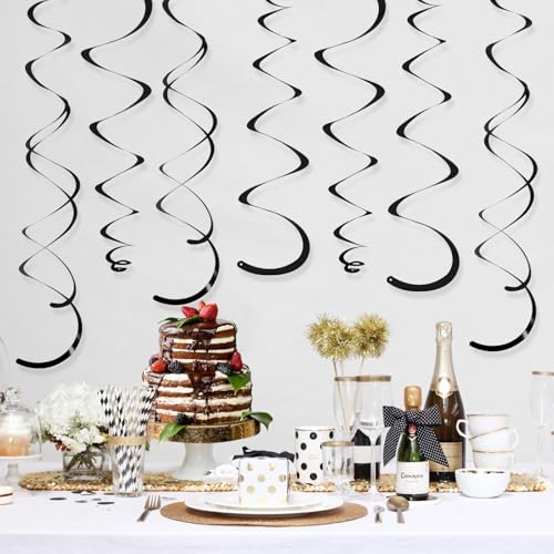 Image of 24 PCS Black Hanging Swirl, Sparkle Ceiling Hanging Decorations, Plastic Streamer Party Decorations with Double-Swirls and Single-Swirls for Birthday Decorations, Graduation,Halloween