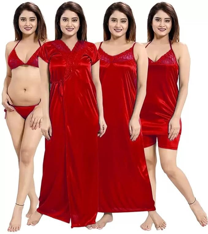 Women Satin Nighty Set with Robe Top, Shorts and Lingerie Set | Comfortable Maxi Nightwear Gown Sleepwear for Ladies for Regular & Lounge Wear (6 pcs)