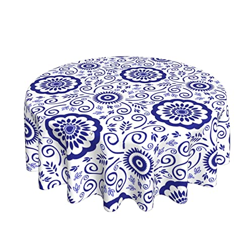 Blue And White Porcelain Floral Tablecloth Round 60 Inch Spring Summer Leaf Boho Tablecloths Porcerlain Flower Table Clothes Reusable Circle Table Cover For Dining Room Picnic Party Home Decor #TOP24
