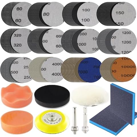 120pcs Sand Paper 3 Inch Sanding Disc Grit 60-10000 Wet Dry Sandpaper with 1/4" Shank Backer Plate and Sanding Sponge and Soft Foam Buffering Pad Drill Sanding Attachment Cover