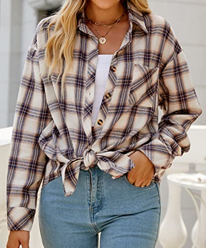 Image of CHYRII Womens Button Down Flannel Shirts Long Sleeve Plaid Shackets Business Casual Blouse Top