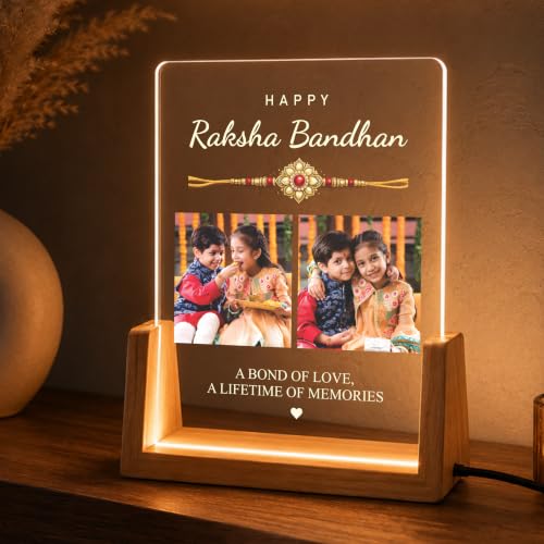 Image of Giftplease Personalized Raksha Bandhan LED Acrylic Photo Frame with 3 Custom Pictures, Brother Sister Memory Plaque, Wooden USB Night Lamp, Family Festival Decor, Engraved Name Quote Display