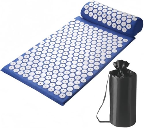 Slystar 指圧マット 鍼灸マッサージマット ゼロ圧力 枕 フィットネスエクササイズ ジャグジー 収納ケース付 背中/脚/首/トリガーリリース 全身マッサージャー トリガー 洗える綿カバー ヨガ用品 (ブルー)