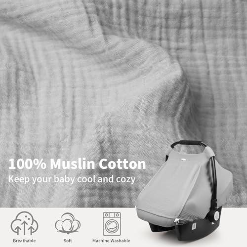Image of Rquite Car Seat Cover Baby, Carseat Covers Girl Boy, Breathable Muslin Cotton, Large Mesh Window, Infant Car Seat Canopy Baby Carrier Cover Stroller Sun Shade for Summer & Hot Day, Grey