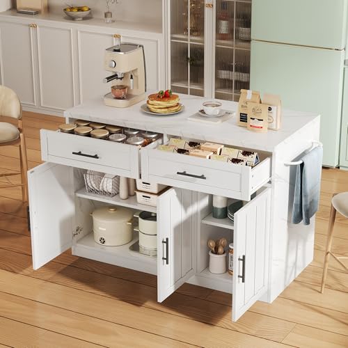 Dolamaní Isla de cocina 120 x 60 x 91 cm, armario de cocina con enchufes, 2 puertos USB y 2 cajones, armario buffet de 3 puertas con estantes ajustables, para apartamentos, cocinas (blanco)