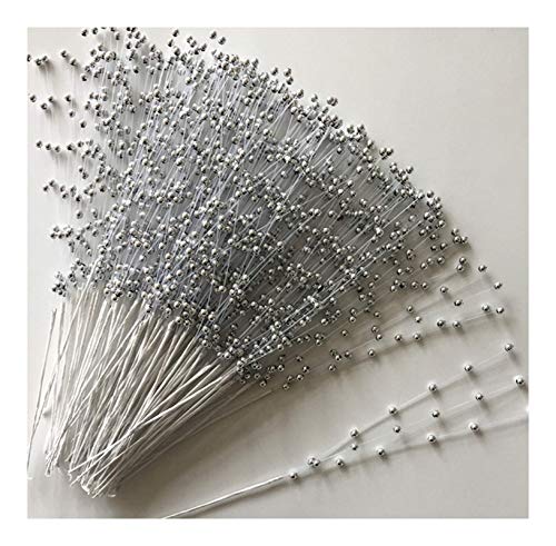 U-N KIKEEP 4mm Pearls String Wedding Bouquet Floral Beaded Sticks Pearl Sticks Beading on Wire Stems for DIY Garland Bridal Wedding Pearl Bouquet 50Pack (Silver, 50)