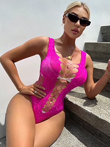 Floerns Women's Sheer Mesh Sleeveless Babydoll Slip Lingerie Nightgown Hot Pink Solid One Size #TOP4