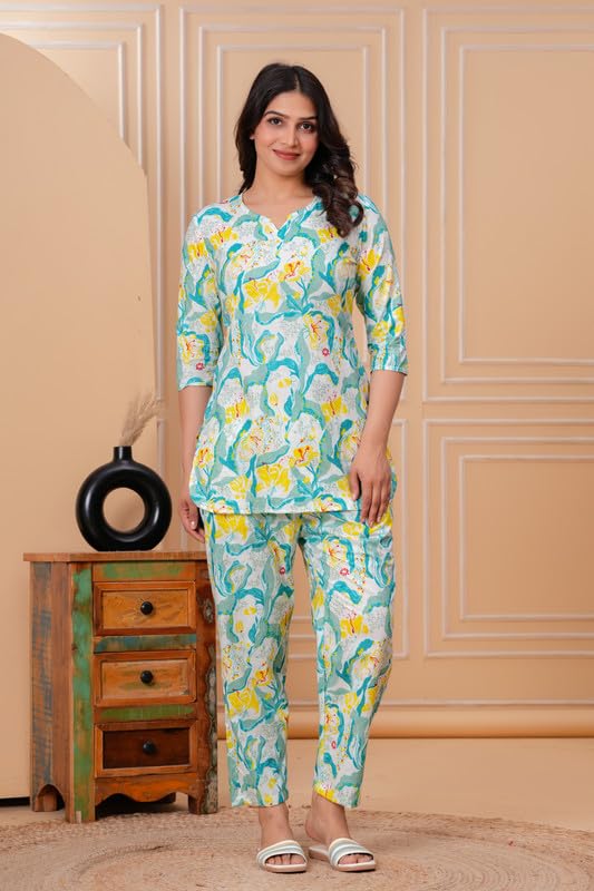Image of 100% Cotton Printed Night Suit for Women's Shirt and Pyjama Sleep wear Set for Womens and Girls