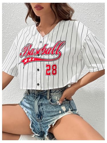 WDIRARA Women's Graphic Printed Short Sleeve Crop Top Drop Shoulder V Neck Button Front Baseball Shirt3