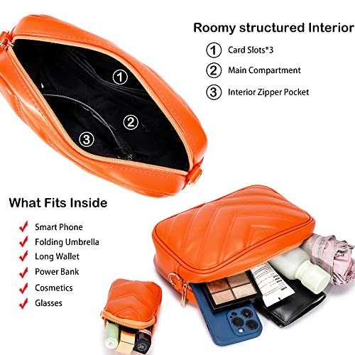 Image of Herald Chevron Quilted Small Crossbody Bag with Coin Purse Pouch, Women Square Camera Side Shoulder 2 Size Handbags (Orange)