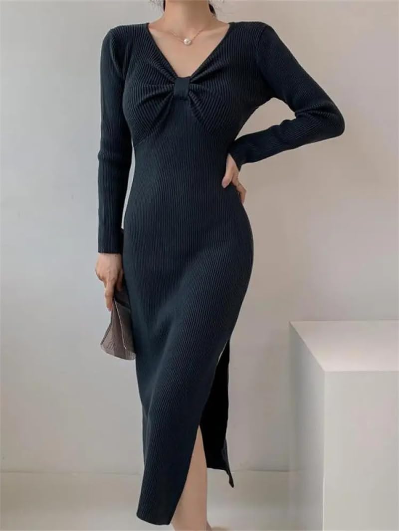 Vestido de punto delgado con cuello en V sólido para mujer, vestido de otoño e invierno, vestidos de fiesta vintage