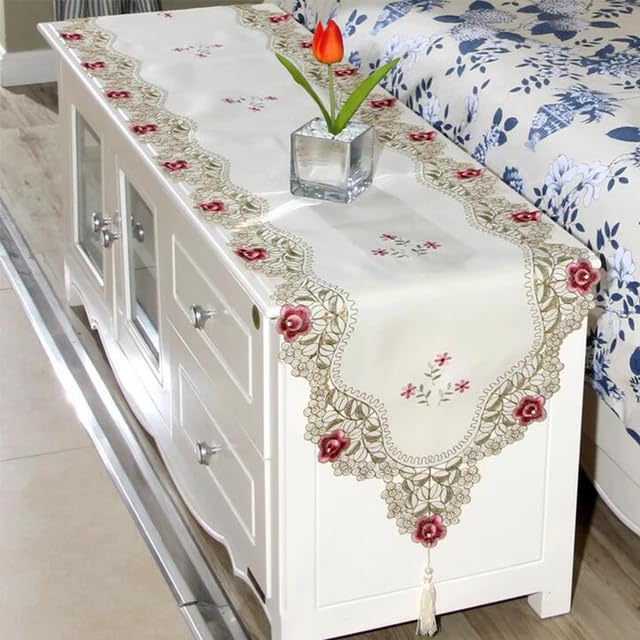 Image of MONKDECOR Floral Cutwork Design Dining Table Runner (Size-15x70 Inches) - Satin EMB-02