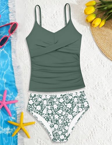 Image of Girls Swimsuit 2 Piece Bathing Suit Criss Cross Ruched Girl Tankini Sets Printed Girls' Swimwear for 9-18 Years