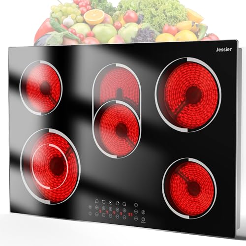 Jessier 30 Inch Electric Cooktop - 30 Inches Electric Stove 8400W, 5 Burner Ceramic Stove Top Built-in with Full Metal Frame, 99 Mins Timer, Safety Lock, Pause, Dual Ring, 220V Hard Wired (No Plug)