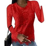 Red Rose Lace Long Sleeve Top with V Neck Ruffled Trim Romantic Sheer Lace Blouse for Date Night Holiday and Events
