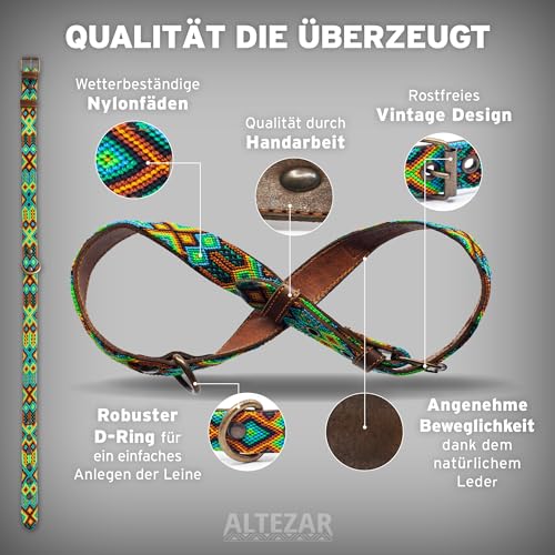 ALTEZAR Hundehalsband Leder - braunes Rindsleder Tribal Grün/Braun/Beiges durchgehend Bestickt - Handgemacht in Mexiko Lederhalsband Hund - Größe XS - für sehr kleine Hunde