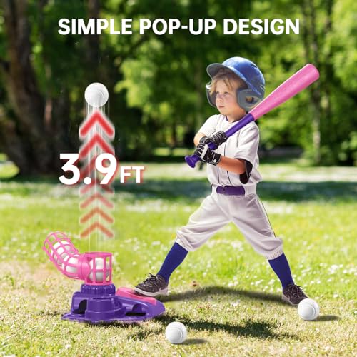 3-in-1-Kids-Baseball-Set-for-Ages-3-55-8-Batting-Tee-Stand-Tee-Pitching-Machine-with-6-Plastic-Softballs-Bat-Adjustable-Height-IndoorOutdoor-Backyard-Sport-Games-Gifts-for-Boys-Girls-Pink 3 in 1 Kids Baseball Set for Ages 3 55 8 Batting Tee Stand Tee Pitching Machine with 6 Plastic Softballs Bat Adjustable Height IndoorOutdoor Backyard Sport Games Gifts for Boys Girls Pink