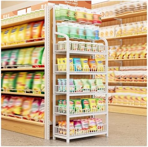 5-Tier White Ack Rack Display Stand with Hooks, Floor-Standing Potato Chip Shelf for Commercial Kitchen & Pantry, Food Organizer for Break Room (Size: 60x27cm/23) image 5