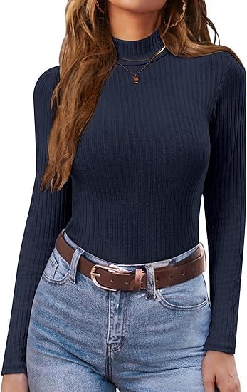 ELESOL Women's Mock Turtleneck Long Sleeve Shirts Ribbed Knit Lightweight Pullover Sweater Stretch Fitted Thermal Top