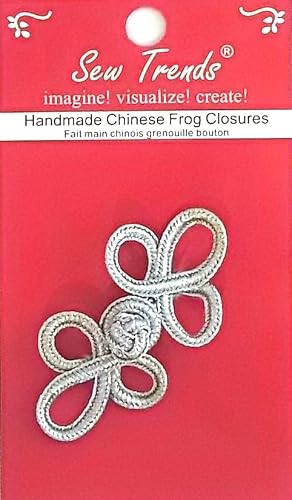 SEW Trendz Handmade Chinese Frogs Closures Buttons Fasteners Hook & Eye Sewing Coats Capes Jackets Renaissance Costumes -Metallic Silver Color-3 Loops Design- 1.25" x 2.5"- 1 Pair/Pack
