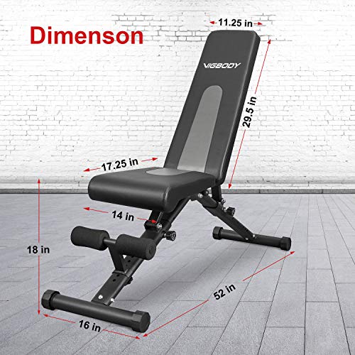 VIGBODY Adjustable Weight Bench , Utility Foldable Sit Up Bench Decline/Incline/Flat Bench for Home Gym Full Body workout