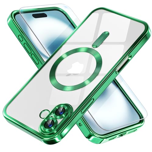 Image of Misea Magnetic for iPhone 16 Case Compatible with MagSafe Green | [Never Yellowing] [Military Drop Protection] Full Camera Lens Protector Plating Soft Clear Phone Case for Women, Green