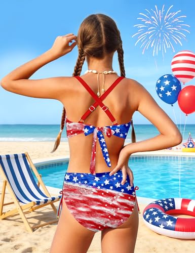 Image of Teen Girls Swimsuits V-Neck Bikini Set Bathing Suits Cross Straps Two Piece Swimwear with Drawstring