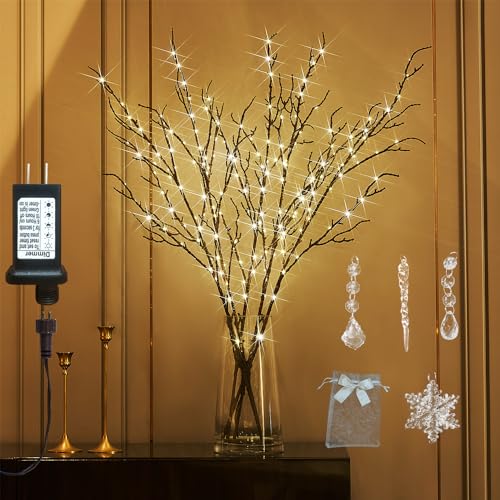 Fudios Lighted Branches Plug in 32IN 200 LED Mantle Winter Decor Brown Twig Branch Lights for Christmas Holiday Party Indoor Outdoor